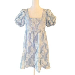 Topshop Blue Floral Embroidered Puff Sleeve Mini Dress Size 8